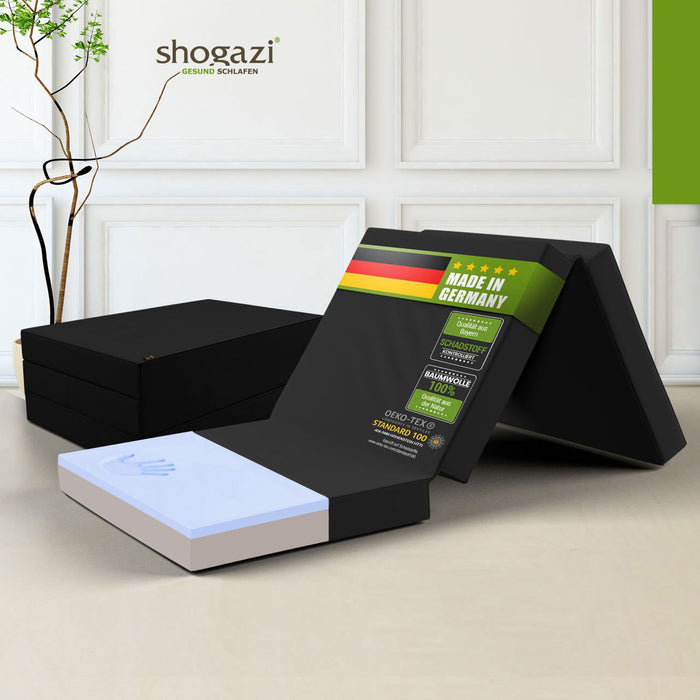Faltbare Shogazi Reisematratze 90x200 cm aus 15 cm hohem Memory-Schaum – Made in Germany, OEKO-TEX zertifiziert, schadstofffrei, mit abnehmbarer Baumwollhülle – ideal für Gäste, Camping und Reisen