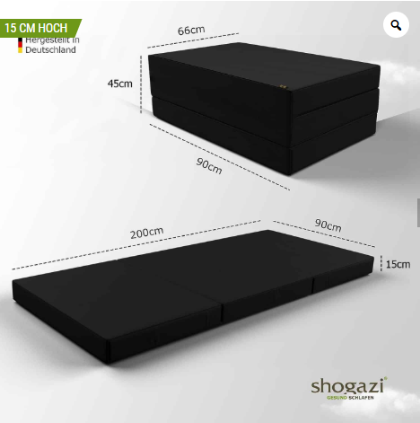 Faltbare Shogazi Matratze 90x200 cm, 15 cm hoch – kompakt zusammenklappbar (66x90x45 cm), Made in Germany, ideal als Gästematratze oder Reisematratze