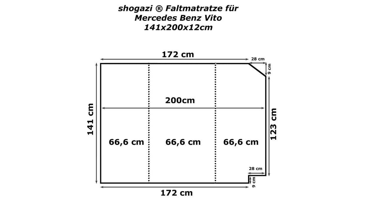 Technische Zeichnung der shogazi® Faltmatratze für Mercedes Vito – 141 × 200 × 12 cm, dreiteilig gefaltet mit Radkastenausschnitten und präziser Anpassung an die Fahrzeugkontur.