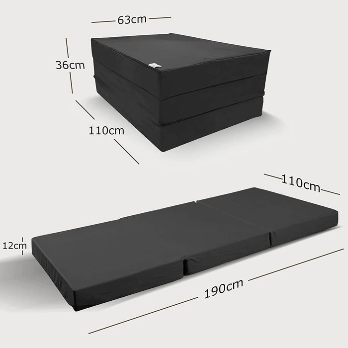 Gefaltete und ausgebreitete Matratze aus orthopädischem Kaltschaum, Maße gefaltet 63x36x110 cm, ausgebreitet 12x110x190 cm, made in Germany, Manufaktur seit 2002.