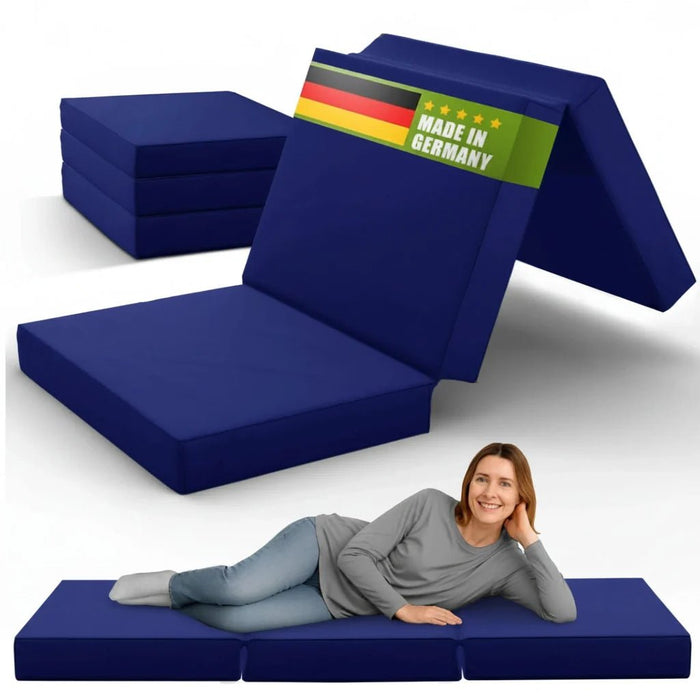 shogazi Klappmatratze 100x190 in Marineblau, aufgeklappt und gefaltet #typ=foto;farbe=marineblau;bucket=klein;pos=1