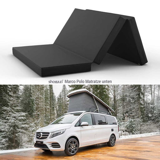 Dreiteilig gefaltete schwarze shogazi® Matratze für den Mercedes Marco Polo (oben). Weißer Mercedes Marco Polo Campingbus mit ausgeklapptem Hochdach steht auf verschneiter Waldstraße (unten)