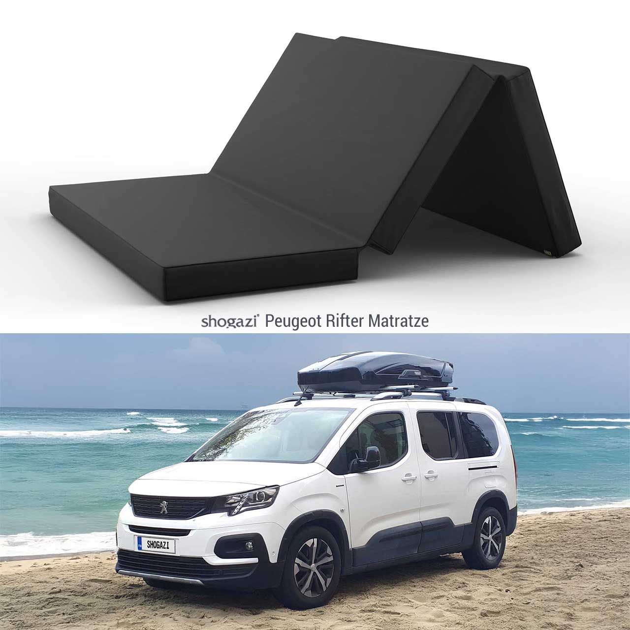 Dreifach faltbare Matratze für Peugeot Rifter von shogazi® – passgenau, ergonomisch und ideal für Reisen im Van, dargestellt mit Fahrzeug am Strand.