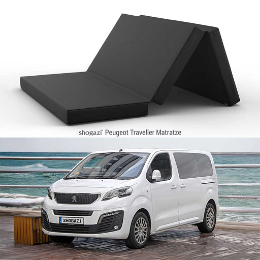 „Faltbare shogazi® Matratze aus Kaltschaum für den Peugeot Traveller – ergonomisch, dreifach faltbar, mit atmungsaktivem Baumwollbezug – ideal für Camping und Reisen.“