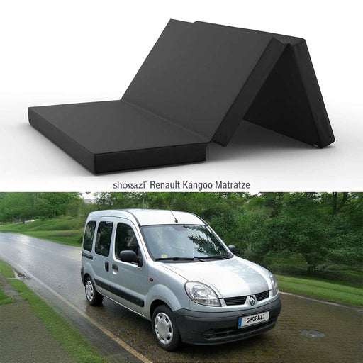 Renault Kangoo Matratze von Shogazi im aufgeklappten Zustand mit passendem Fahrzeug – ideal für Camper-Ausbau und flexible Nutzung.