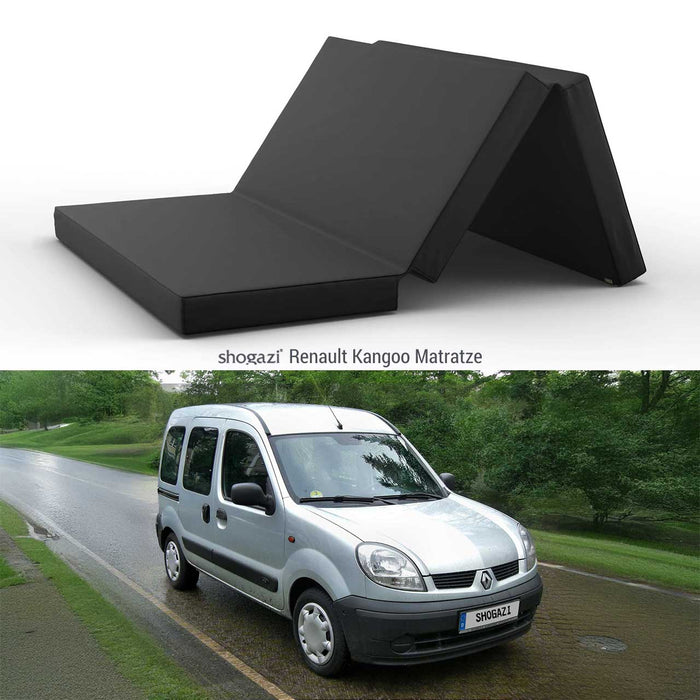 Renault Kangoo Matratze von Shogazi im aufgeklappten Zustand mit passendem Fahrzeug – ideal für Camper-Ausbau und flexible Nutzung.